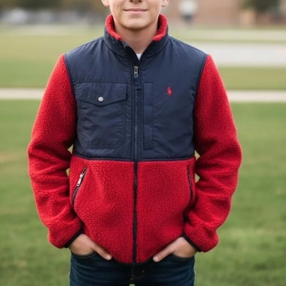 Polo Ralph Lauren Kids Red Navy Fleece Colorblock Zip Up‎ Jacket L 14 16